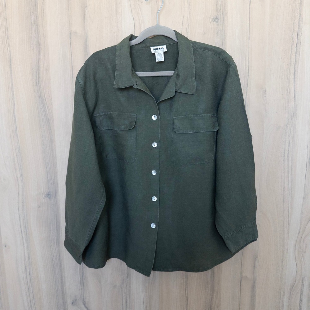 Vintage Leslie Fay Womens Linen Button Down Shirt 1X Petite Green Coastal Summer